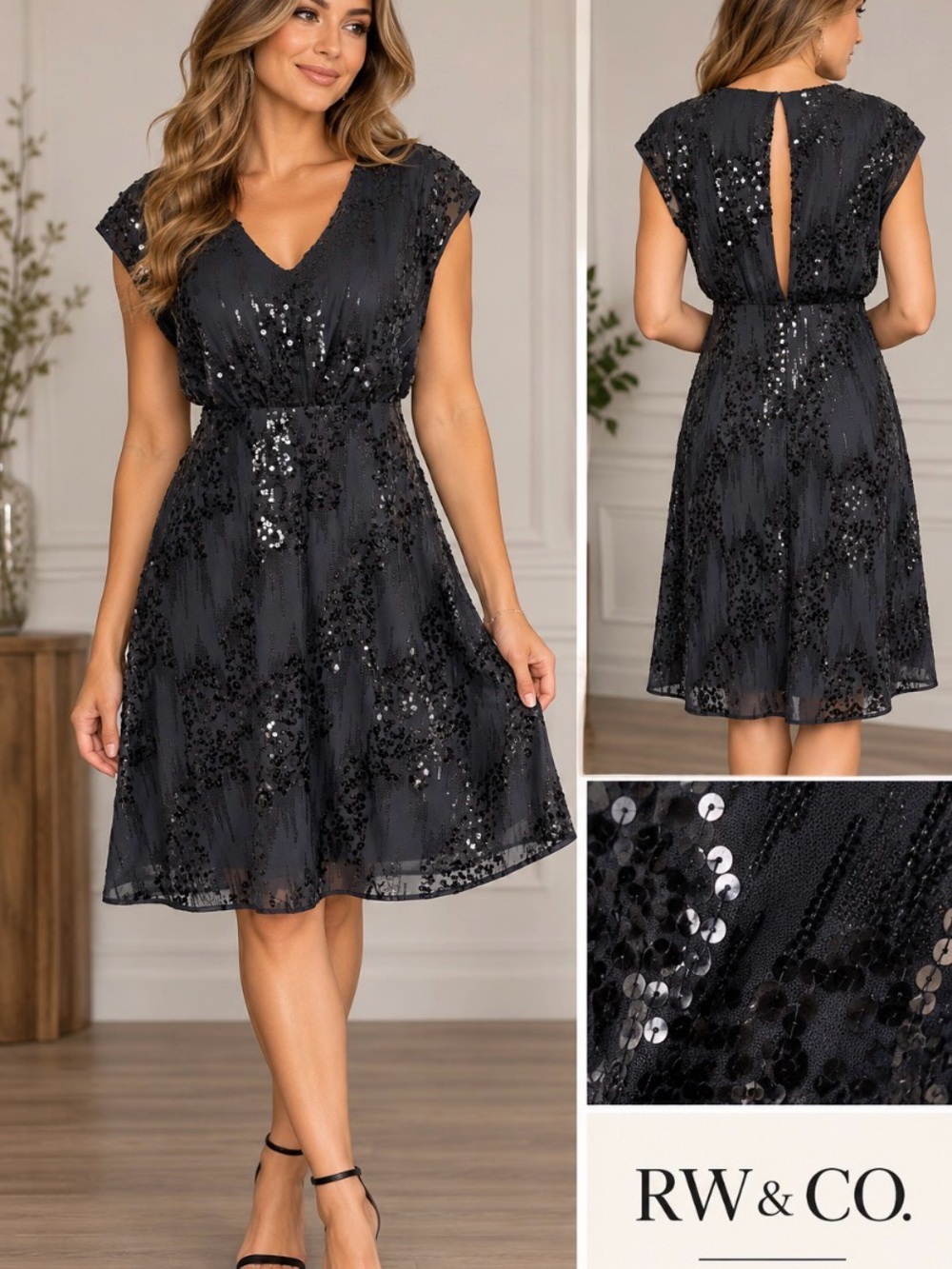RW&CO Black Sequin Cocktail Dress Open Back NWT Size 6